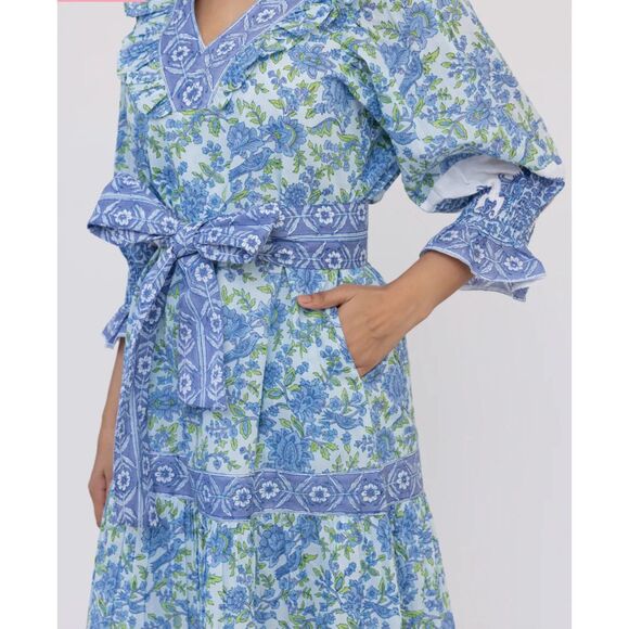 NWOT ISLA PAYAL Cornwall Maxi - Mughal Garden Blue, $218 XS no belt - Picture 1 of 10